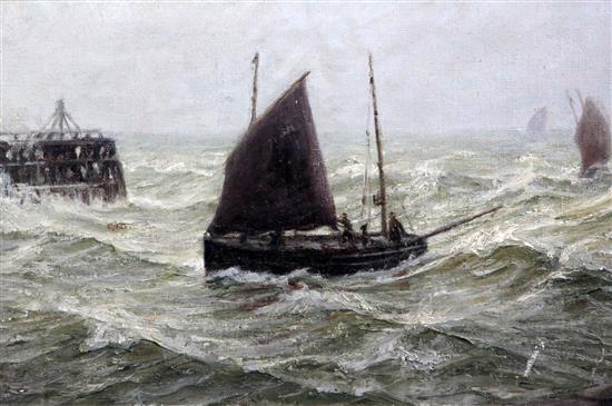 Joseph Wrightson Mcintyre (fl.1866-1888) Fishing boat entering harbour, 10.5 x 16in.